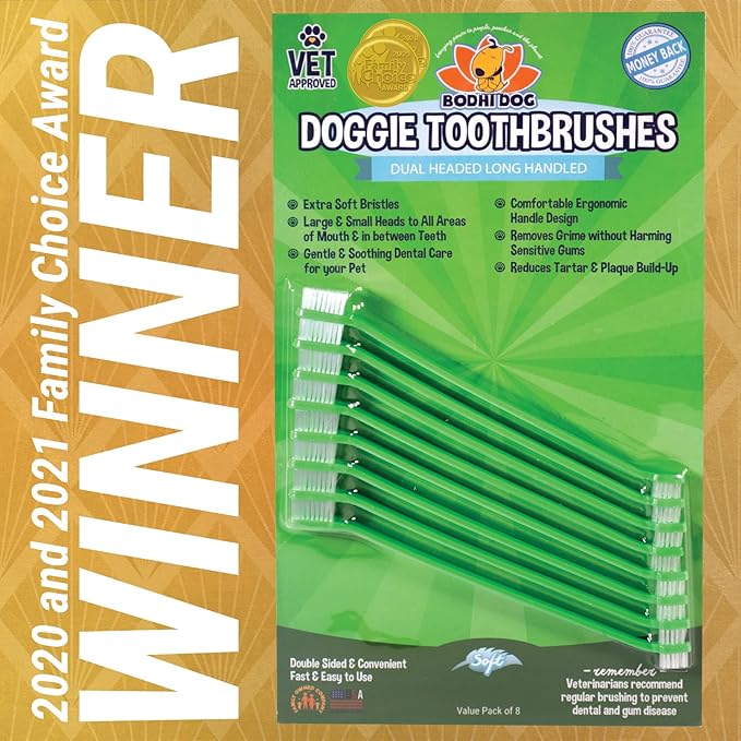 Bodhi Dog Dual-Headed Toothbrush for Dogs & Cats - Soft Bristles for Gentle Pet Dental Care - Puppy & Adult Teeth Cleaning - Easy-to-Use Design for Healthy Gums & Fresh Breath (8 Count)