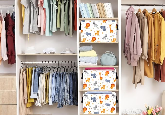 Baby Storage Basket Nursery Box Laundry Hamper Organization Bins for Toys and Clothes with Handles (Animals)