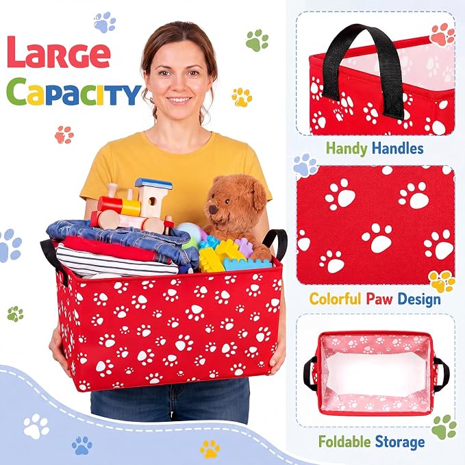 FoldTier 4 Pcs Dog Paw Storage Baskets Empty Collapsible Dog Toy Organizer Bins Puppy Storage Bin with Handles for Pet Toys Books Clothes Gifts Containers Home Rooms Decor(Paw)
