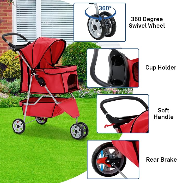 Best 3 Wheels Pet Stroller for Dog Stroller Cat Stroller, Lightweight and Foldable Pet Jogger Stroller, Carrier Strolling Cart W/Cup Holders Removable Liner for Small and Medium Dog Cat or Pet - Red