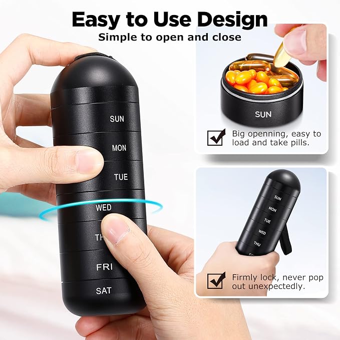 Zannaki Weekly Pill Organizer 7 Day 2 Times a Day, Portable Metal Travel Waterproof AM PM Pill Box,Large Pill Case Container, BPA Free Daily Medicine Organizer Holder for Vitamin, Fish Oil, Supplement
