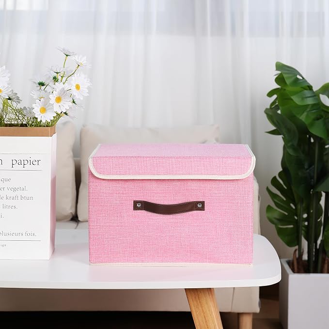 ANMINY Fabric Storage Box Bins with Lids, Pink, 15"x10"x10" | Keepsake Memory Storage, Cotton Linen, PP Board Reinforced, Washable, PU Handles, Foldable & Stackable, Decorative, Large
