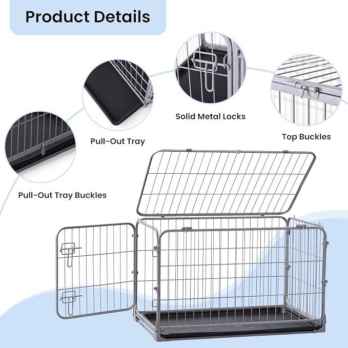 ZOMISIA Collapsible Dog Crate for Small Dogs - 30 inch Escape Proof Metal Dog Kennel with Double Door, Easy Assembly Foldable Dog Cage with Removable Tray, Indoor Outdoor Use, Silver Gray