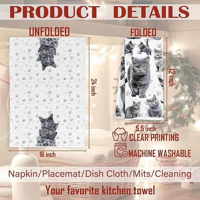 Russian Blue Cat Kitchen Towels, Cat Owner Gifts Dish Tea Towels, Cute Kitty Kitten Paws Decorative Hand Towel for Bathroom, 16x24 Inch Set of 2
