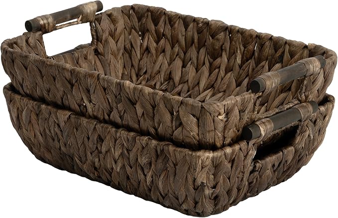 StorageWorks Wicker Storage Basket, Organizing Baskets for Shelf, Brown | Wicker Storage Baskets for Shelves, Baskets with Wooden Handles, 2-Pack Gifts Basket for Home Decor, Hand-Woven Basket