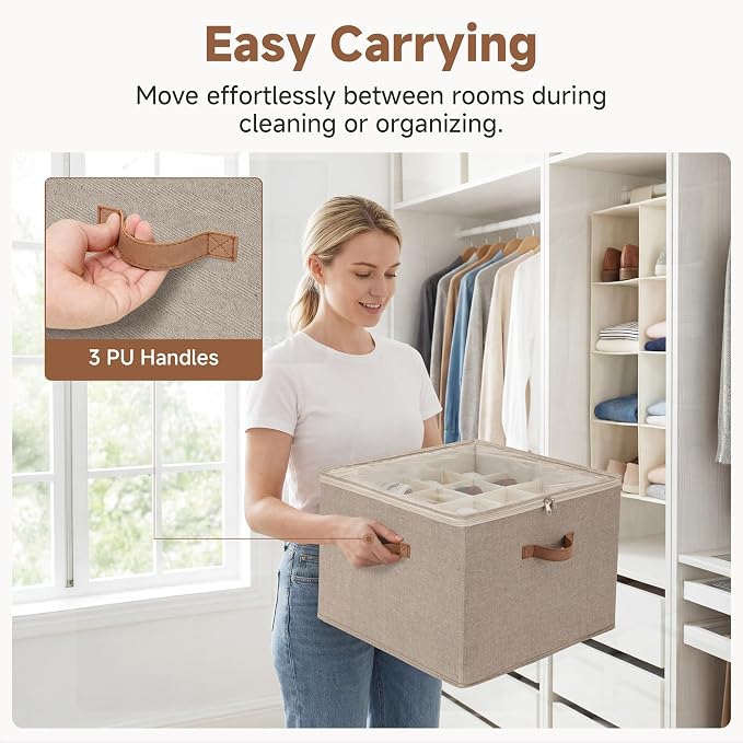StorageWorks 16-Pair Closet Shoe Organizer with Adjustable Dividers, Taupe | Holds up to 16 Pairs, Foldable, Clear Lid, Reinforced Handles, Fits Sneakers, Boots & Heels, For Closet, Entryway & Bedroom