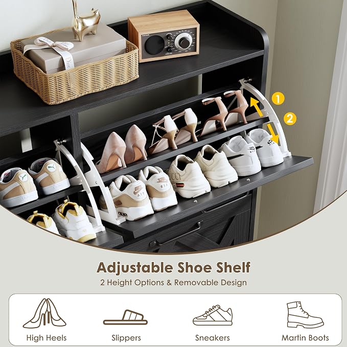 Shoe Cabinet with 4 Flip Drawers, Hidden Shoe Rack Cabinet with Metal Legs, Farmhouse Narrow Shoe Storage Cabinet for Entryway, Foyer, Hallway, Black
