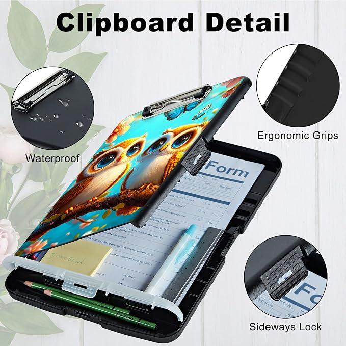 Owl Blue A4 Clipboard with Storage Pen Holder, Clipboards Organizer Nursing Clipboard Foldable File Folder Plastic Clipboard Folio Clip Board for Office Students Classroom Doctor