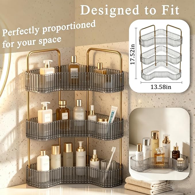 3-Tier Corner Bathroom Organizer, Skincare Vanity Counter Shelf Grey | Premium PET Perfume Display Stand with Gold Metal Rods, Space-Saving 90 Degree Storage Rack for Dresser