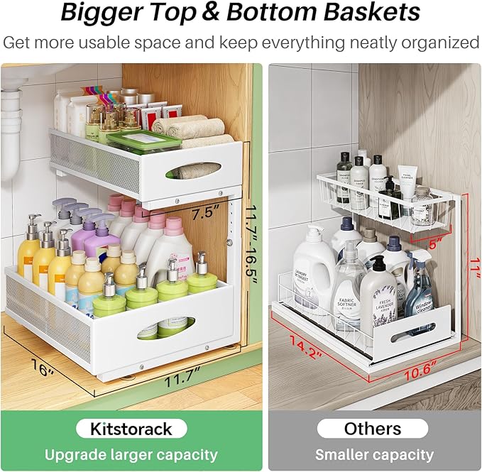 Under Sink Organizer, 1-Pack Pull Out Cabinet Organizer 2 Tier Metal Slide Out Storage Shelf Rack, L-Shaped Adjustable Height,Mesh Sliding Drawer for Kitchen, Bathroom, Laundry, Pantry, White, XL