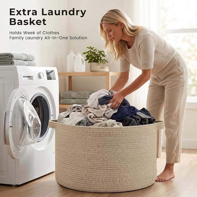 OIAHOMY 90L Extra Large Blanket Basket - Decorative Cotton Rope Storage Basket for Bedroom, Living Room & Nursery - Woven Laundry Hamper for Organizing Blankets, Clothes & Toys - Brown