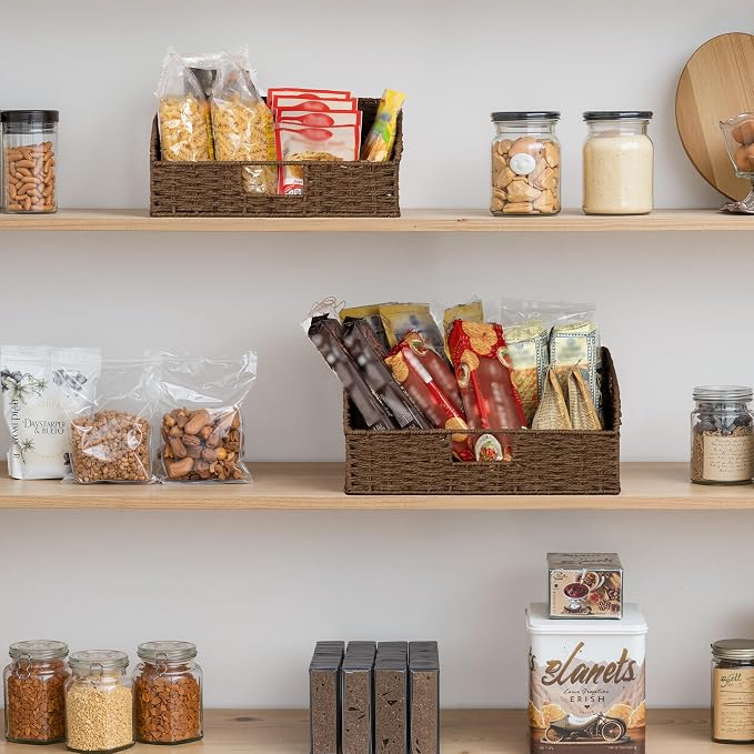 StorageWorks Pantry Baskets for Organizing, Brown Storage Baskets, 2-Pack | Paper Rope Wicker Storage Baskets for Shelves with Handles, Pantry Organizers and Storage, Shelf Baskets for Organizing