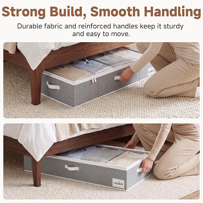 StorageWorks 7 Inch Low Profile Under Bed Storage Containers with Clear Lid | Reinforced Structure, Resists Sagging, Handles & Label Holder, Foldable Stackable Closet Storage for Clothes, Blankets, Toys