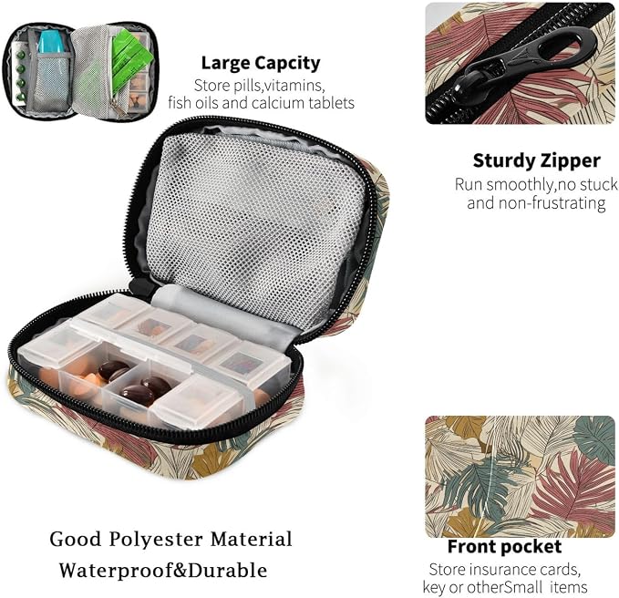 Fustylead Vintage Tropical Line Art Palm Leaves Pill Organizer for Purse, Weekly Portable Pill Box with Zipper to Storage Vitamins Fish Oils Medications Supplements
