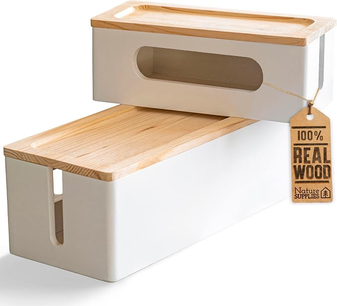 NATURE SUPPLIES Set of 2, Wood Cable Management Boxes, Large and Medium Cord Organizer to Hide Wires and Power Strips for TV, Desk, Computer, Router, Cable Storage and Home Office Organization, White