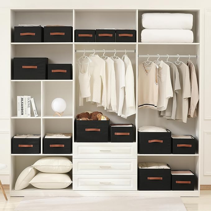 linen closet organizers and storage, 3 Pack Large Storage Baskets, Washable, Clothing Storage Bins with Handle, Closet Organizer for Storage Sweater,Sheets (Black, 18½"x11 x8½)
