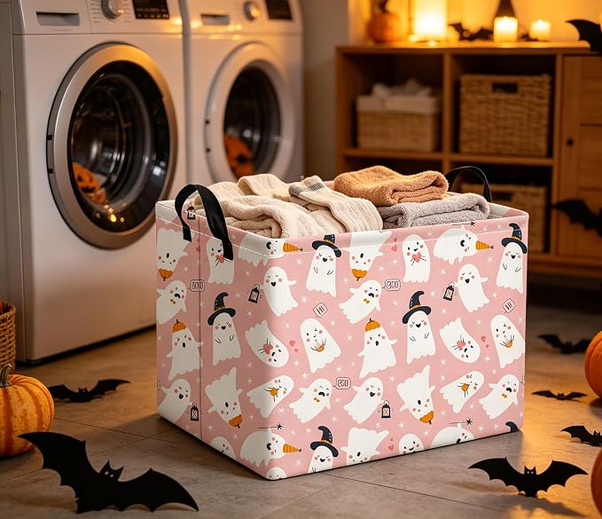Rectangular Halloween Basket for Boys and Girls Kids Trick or Treat Pumpkin Basket for Halloween Parties Cute Storage Bin Organizer Box Room Decor(Pink Ghost)