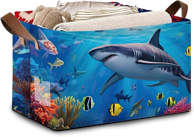 Shark Pattern Storage Basket Large 17x11.5x10.5 Inches -Collapsible Fabric Organizer Bin with Handles for Kids Room, Underwater Theme, Boys Room-Decorative Hamper with Marine Life Graphics-Single Pack