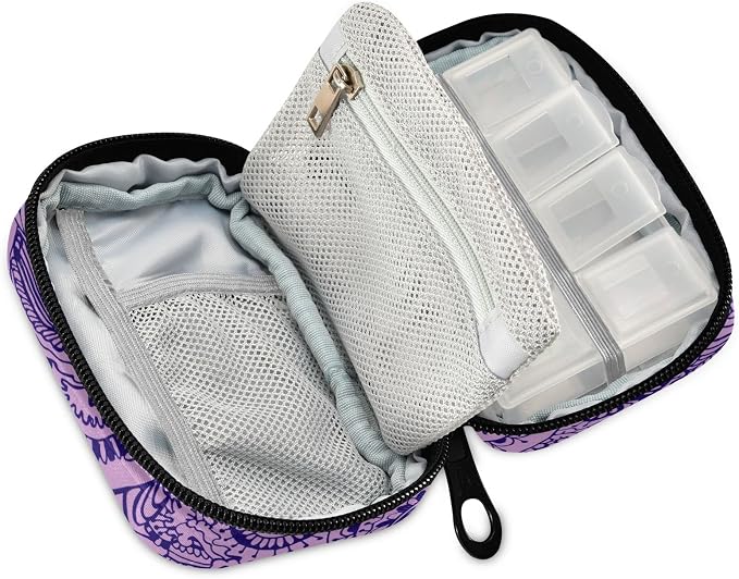 Custom Pill Box 7 Day Pill Case Bag Purple Floral Paisley Personalized Name Travel Pill Organizer Bag with Zipper Portable Weekly Case Compact Size for Vitamin Supplement Holder