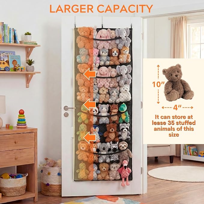 Over The Door Stuffed Animal Storage, Wide, Cotton | Toy Organizer for Storage Plush Toys, Stuffed Animal Holder with 4 Large Pockets, Hanging Door Organizer for Nursery