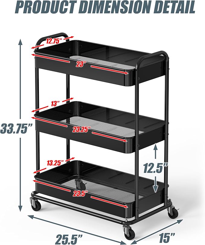 Simple Houseware 26" Extra-Wide 3-Tier Heavy Duty Metal Utility Cart, Black | High-Capacity Rolling Cart Organizer for Spa, Salon, Office, and Home Storage