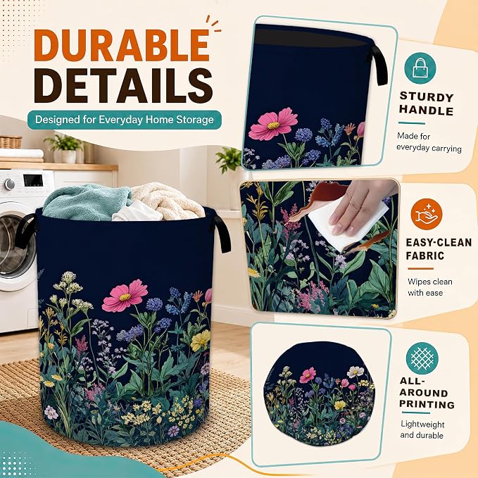 Wildflower Spring Floral Laundry Basket,Garden Flowers Foldable Oxford Laundry Hamper with Handles,Portable Clothes Tote Bag Clothes Storage Bucket Organizer For Bathroom/Laundry Storage/Bedroom