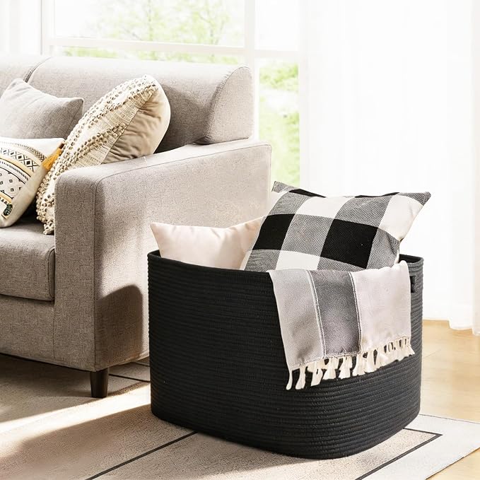 Large Black Basket for Blankets, 108L Rectangle Blanket Storage for Living Room, Jumbo Woven Rope Storage Basket, Oversized Kids Dog Toy Bin Box, Throw Pillow Holder Organizer, 25"x16"x16"