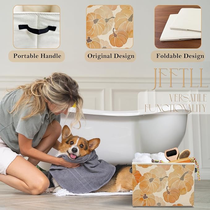 Fall Pumpkin Storage Bins with Handles, Fall Room Decor, Rustic Farmhouse Autumn Harvest Pumpkins Collapsible Laundry Basket Storage Box for Home Bedroom Bathroom Clothes Toys Books