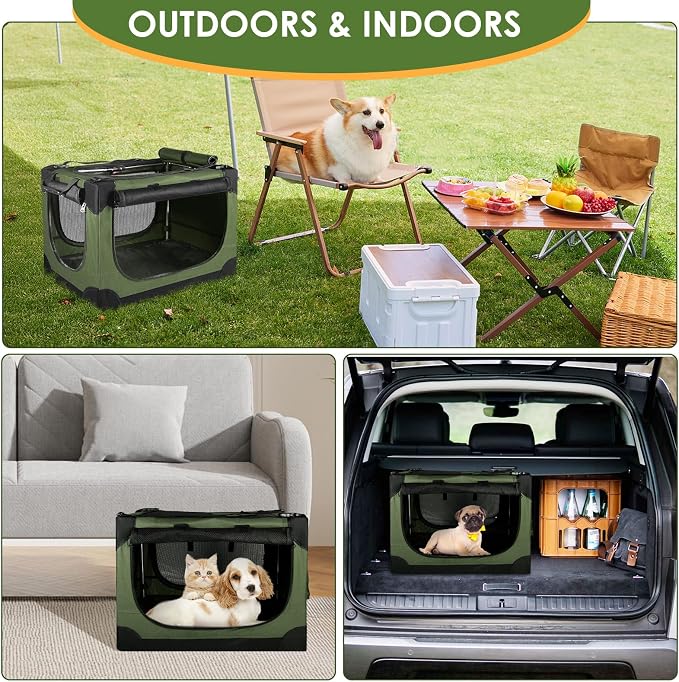 24" Small Dog Crate,Portable Crate for Small Dogs, Portable Travel Pet Crates,Soft Dog Crate Collapsible Dogs Crate,with 4 Mesh Doors, Foldable Car Kennel for Puppy with Handle for Outdoor - Green