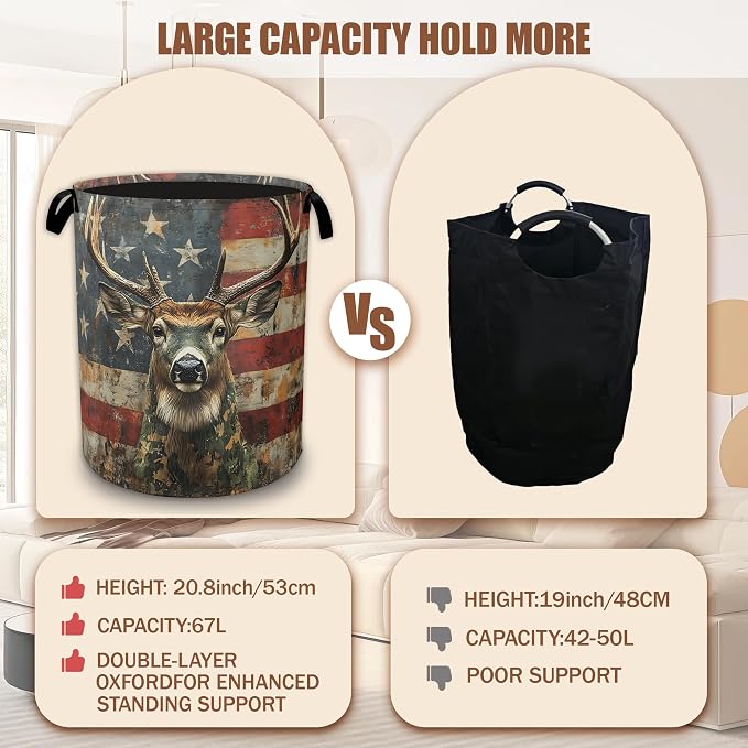 American Flag Laundry Basket,Waterproof Foldable Grunge Deer Laundry Hamper,Dirty Clothes Laundry Basket, Linen Bin Storage Organizer Collection 16" x 20.8"