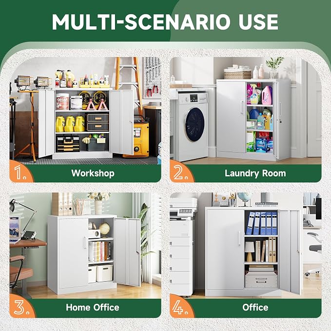 Metal Storage Cabinets with Lock, Small Locker Organizer Steel Cabinets, Adjustable Layers Shelves 2 Doors for Home, Office, Warehouse,Garage,Industrial,Employee Lockers (White-36)