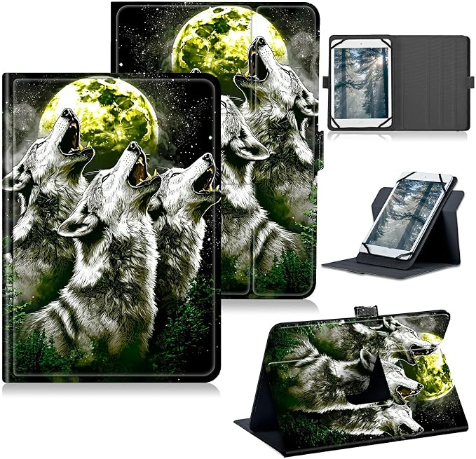 Universal Case for T-Mobile Revvl Tab 2 10.1" Model:9185W 2025/Revvl Tab 5G 10.36" 2023, 360 Degree Rotating Kickstand Protective Stand Leather Shell Cover for 9"-10.5", Three Gray Wolves