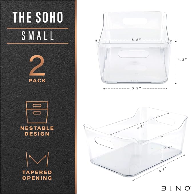 BINO | Plastic Storage Bins, Small - 12 Pack, Clear | THE SOHO COLLECTION | Pantry Organizers and Storage Containers Fridge Organizer Bins Kitchen Cabinet Organizer Medicine Cabinet Bin