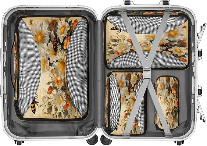 Spring Summer Flower Packing Cubes for Travel, Luggage Packing Organizers, Bee Travel Accessories Large Toiletries Bag for Clothes Shoes Cosmetics Toiletries
