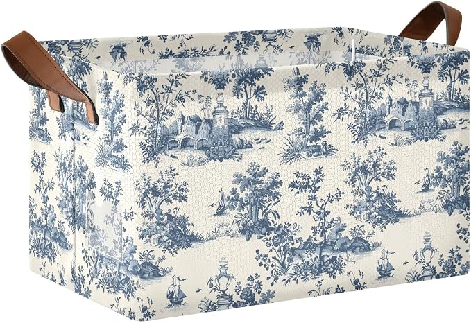 French Country Storage Bins for Shelves with Labels&Handles Fabric Organizer Bin Foldable Rectangle Beige Blue Vintage Storage Basket Boxes for Closet, Bathroom, Home, Living Room