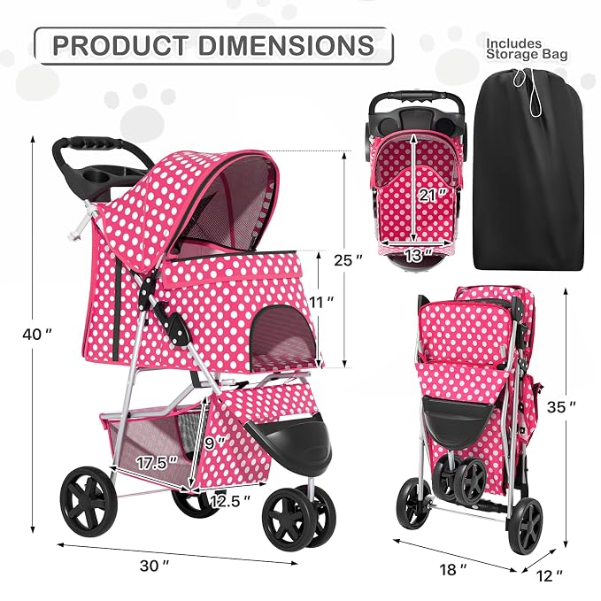MoNiBloom Pet Stroller for Small/Medium Dogs and Cats, Hot Pink Polka Dots | Foldable Dog Stroller 3 Wheels Pet Strolling Cart w/ Storage Basket Cup Holder, Breathable and Visible Mesh for All-Season