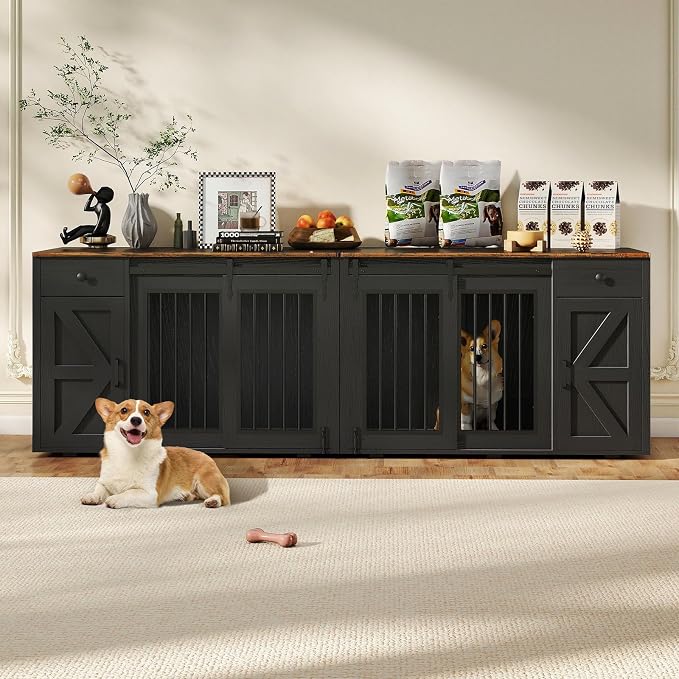 Verano Garden 88" Dog Crate Furniture, Dog Kennel Cage, Black (88") | 2-in-1, Lockable, Decorative, Sliding Door, Removable Divider, Adjustable Shelf, Farmhouse, Heavy Duty, Small Medium Dogs