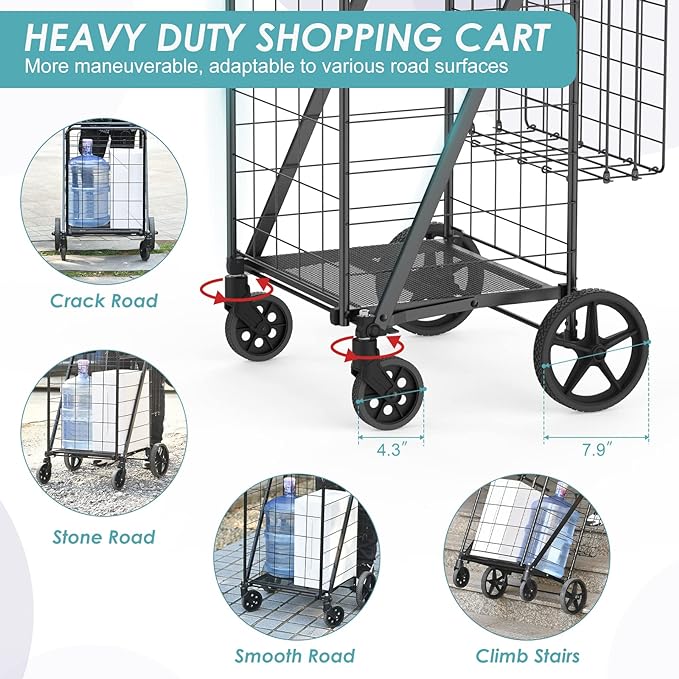 Upgraded Shopping Cart for Groceries,330LBS Jumbo Grocery Cart | Waterproof Liner, 360° Rolling Swivel Wheels and Double Basket, Heavy Duty Folding Shopping Carts for Laundry Transport