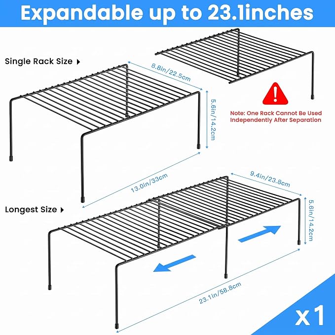 Tomorotec Expandable Cabinet Shelf Organizer, Metal Kitchen Pantry, Black | Extendable from 12.3 to 22.5 in with Heavy Duty Steel Frame and Anti Slip Feet for Bathroom or Closet