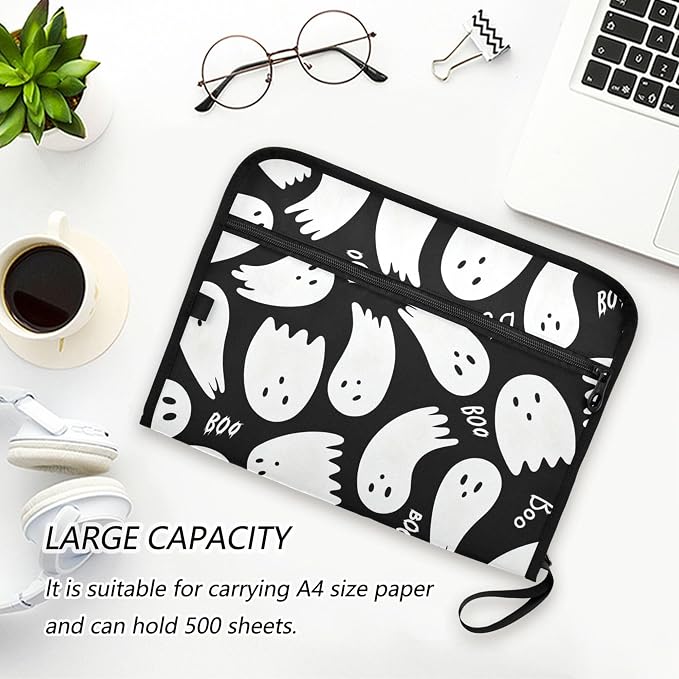 Cute Halloween Ghosts Pattern Expanding File Folder with Sticky Labels, 13 Pockets Accordion File Folder Document Organizer Expandable Zip File Folder with Zipper Closure