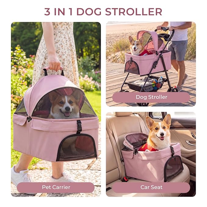4-Wheel Pet Stroller for Small Medium Dogs Cats, One-Click Foldable | Portable Dog Stroller, Detachable Carrier, Cup Holder & Storage Basket, Safety Tether, Breathable Mesh, Up to 44lbs, Pink