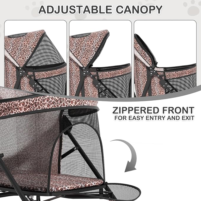 MoNiBloom Pet Stroller for Small/Medium Dogs and Cats, Leopard Print | Foladble 4 Wheels Easy-Fold Puppy Cage Jogger Stroller with Sun Cover, Pad and Rear Storage Bag, Breathable and Visible Mesh