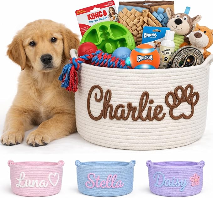 MBBEST Personalized Dog Toy Basket with Name, Cute Custom Dog Toy Storage Bin for Dogs & Cats, Handmade Cotton Rope Dog Toy Box Organizer for Toys, Treats & Blankets, Unique Gift for Pet Lovers
