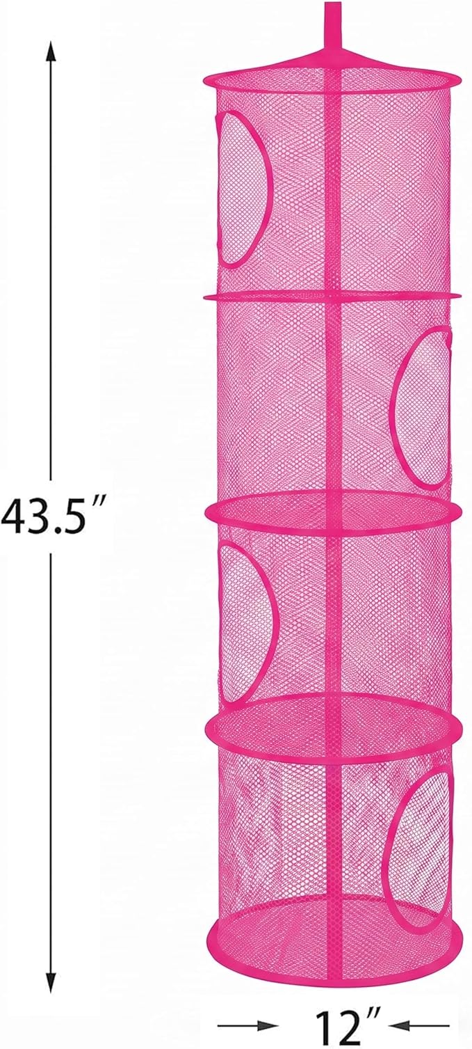 Hanging Stuffed Animal Storage Hammock Net 4 Tiers, Hot Pink | Hanging Mesh Storage Organizer for Kids Room, Holds Plushies, Gloves, Hats, Socks, Foldable Space-saving Design