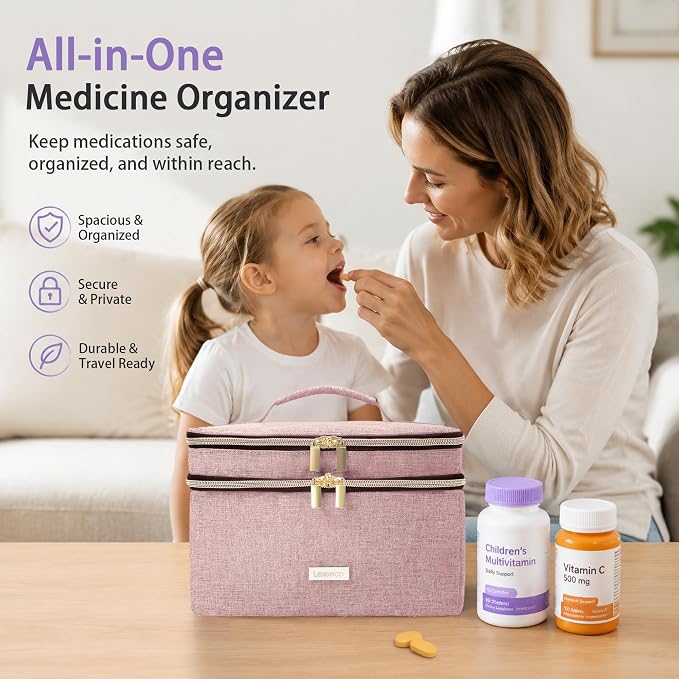 Lexeeco Travel Medicine Pill Bottle Organizer Bag with Portable Small Pouch | Medication Case with Lockable Zipper for Pill,Vitamin,Medicine Storage Box for College Dorm Student,Home,First Aid Bag Empty