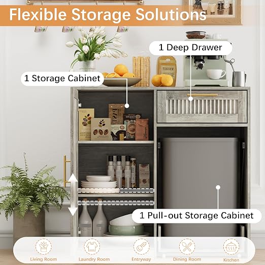 13 Gallons Pull Out Trash Can Cabinet with Storage, Fluted Pet Proof Trash | Kitchen Trash Cabinet with Adjustable Shelf & Drawer, Hidden Garbage Can Cabinet for for Laundry, Living Room