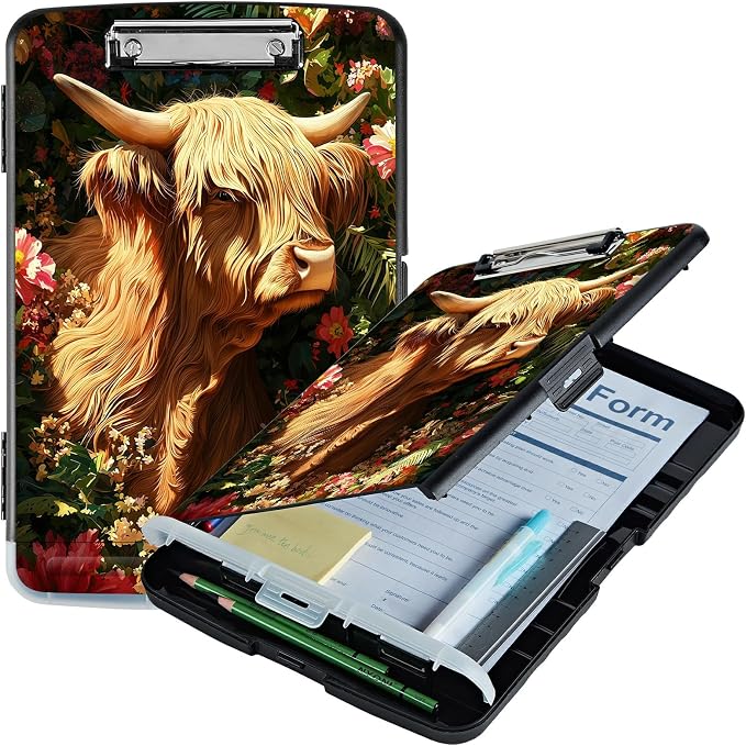 A4 Clipboard with Storage Pen Holder, Clipboards Organizer Nursing Clipboard Foldable File Folder Plastic Clipboard Folio Clip Board for Office Work Classroom Doctor, Grass Grass Field Cow