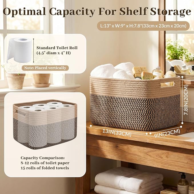 OIAHOMY 4 Pack Storage Basket, 13"x9"x7.8" Cotton Rope Baskets for Shelves, Closet Organizer for Bedroom & Living Room, Soft Decorative Bins for Organizing Towels, Books & Toys, Brown & Black