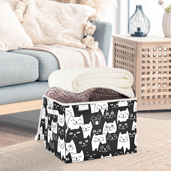 Cat Smile Fabric Storage Bins with Lid Foldable Storage Boxes 40L Baskets | Decorative Storage Boxes, Foldable & Stackable, Dust-Proof Flip Top, Reinforced Handles, For Home & Dorm, Clothes & Toy Box
