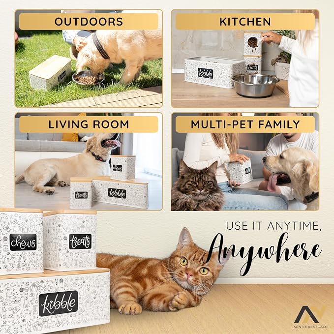 A&N Essentials 3-Piece Pet Food Storage Container Set – Airtight Galvanized Steel with Bamboo Lids – Holds Up to 6 lbs Kibble & 6 Cups Treats for Dogs & Cats